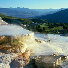 waterfall, Mountains, River