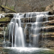 waterfall, forest, rocks