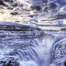 waterfall, Snowy, rocks