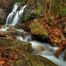 waterfall, River, Stones