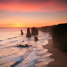 rays, west, Waves, rocks, sea, sun