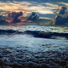 Great Sunsets, sea, Waves, clouds