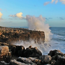 Waves, vessels, rocks, high, Coast