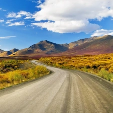 Way, clouds, Mountains, medows, summer