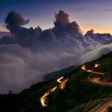 clouds, winding, Way, Mountains