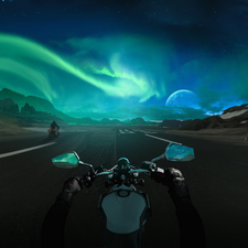 Mountains, aurora polaris, Way, Motorcycles, graphics