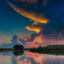 viewes, River, west, sun, clouds, trees