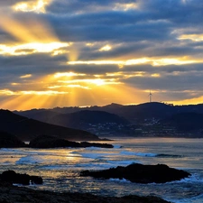 west, sun, Mountains, rocks, Coast