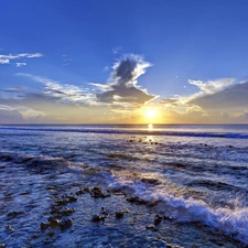 west, sun, Waves, clouds, sea