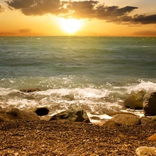 west, sun, Waves, rocks, sea