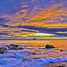 west, sun, coast, Stones, sea