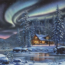 winter, Art, dawn, Home, Spruces