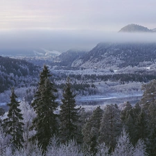 Mountains, River, winter, woods