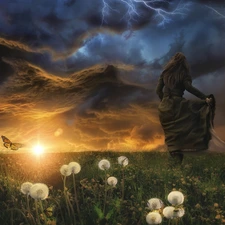 dandelions, Storm, Women, fantasy, butterfly, Meadow