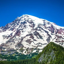 volcano, mountains, woods, Mount Rainier