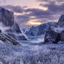 winter, clouds, woods, Mountains