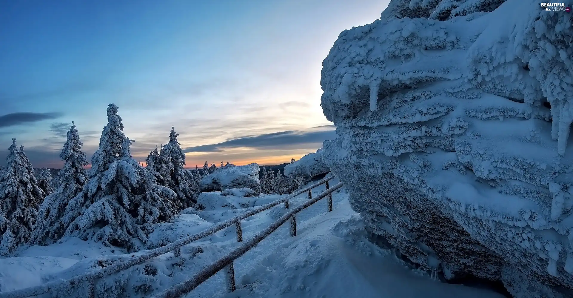 A snow-covered, trees, Mountains, viewes, winter, Rocks, fence