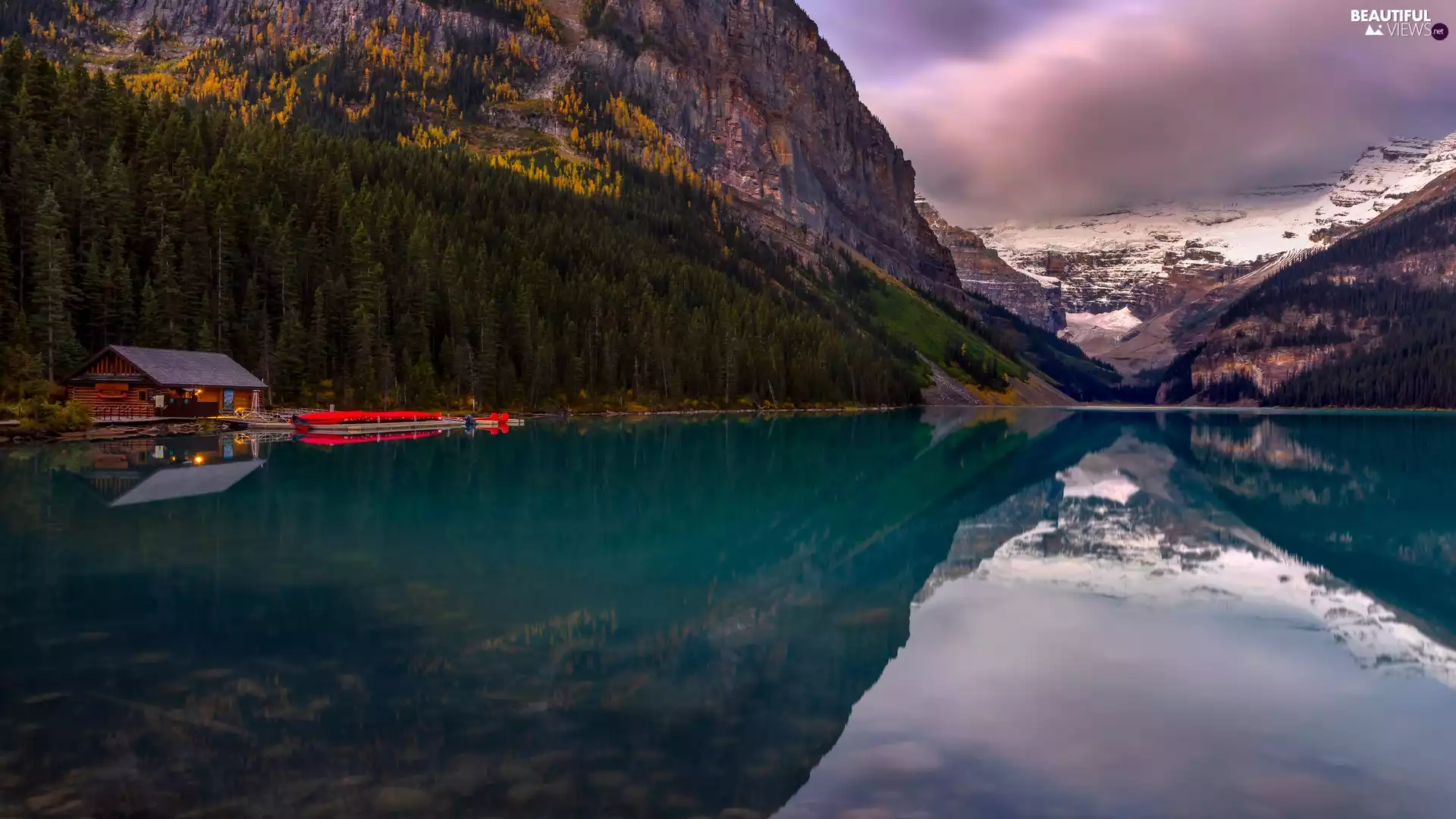 reflection, lake, trees, Alberta, viewes, Mountains, Lake Louise, Canada, Banff National Park, house