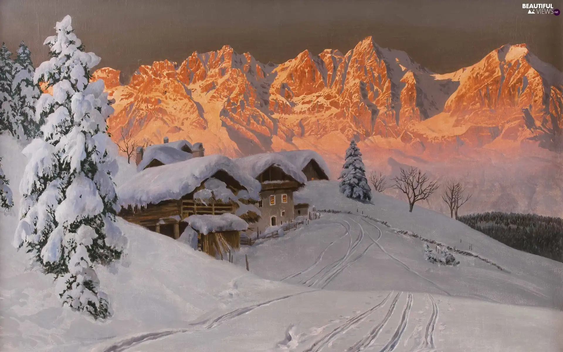 Alois Arnegger, winter, Spruces, snow, Houses, picture, painting, Mountains