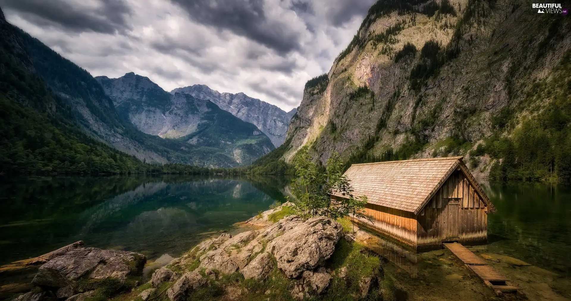 Stones, Obersee Lake, Alps Mountains, wooden, Bavaria, Germany, cote, Berchtesgaden National Park, Home