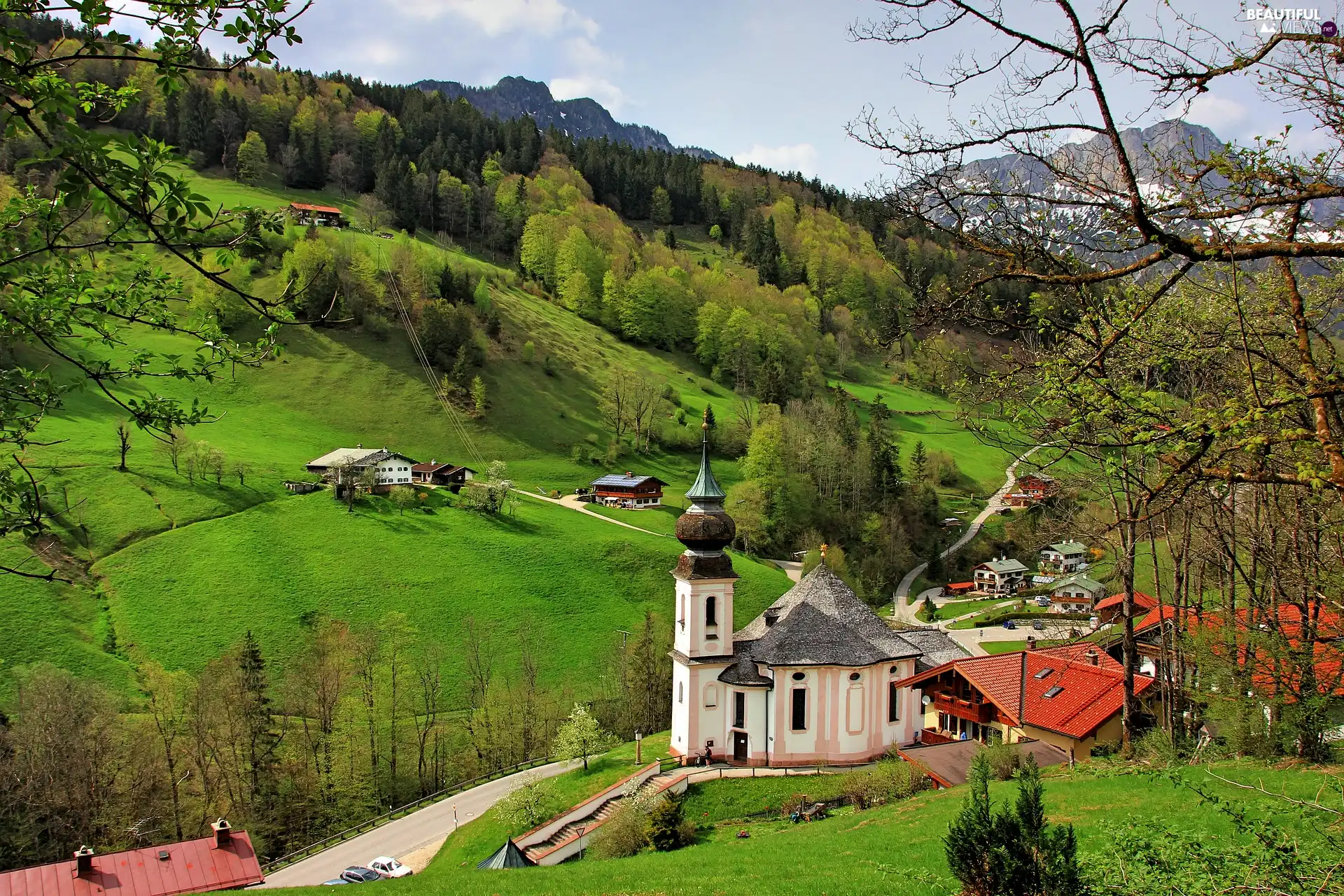 viewes, Sanctuary of Maria Gern, Salzburg Slate Alps, Bavaria, woods, Church, Mountains, Germany, Berchtesgaden, trees