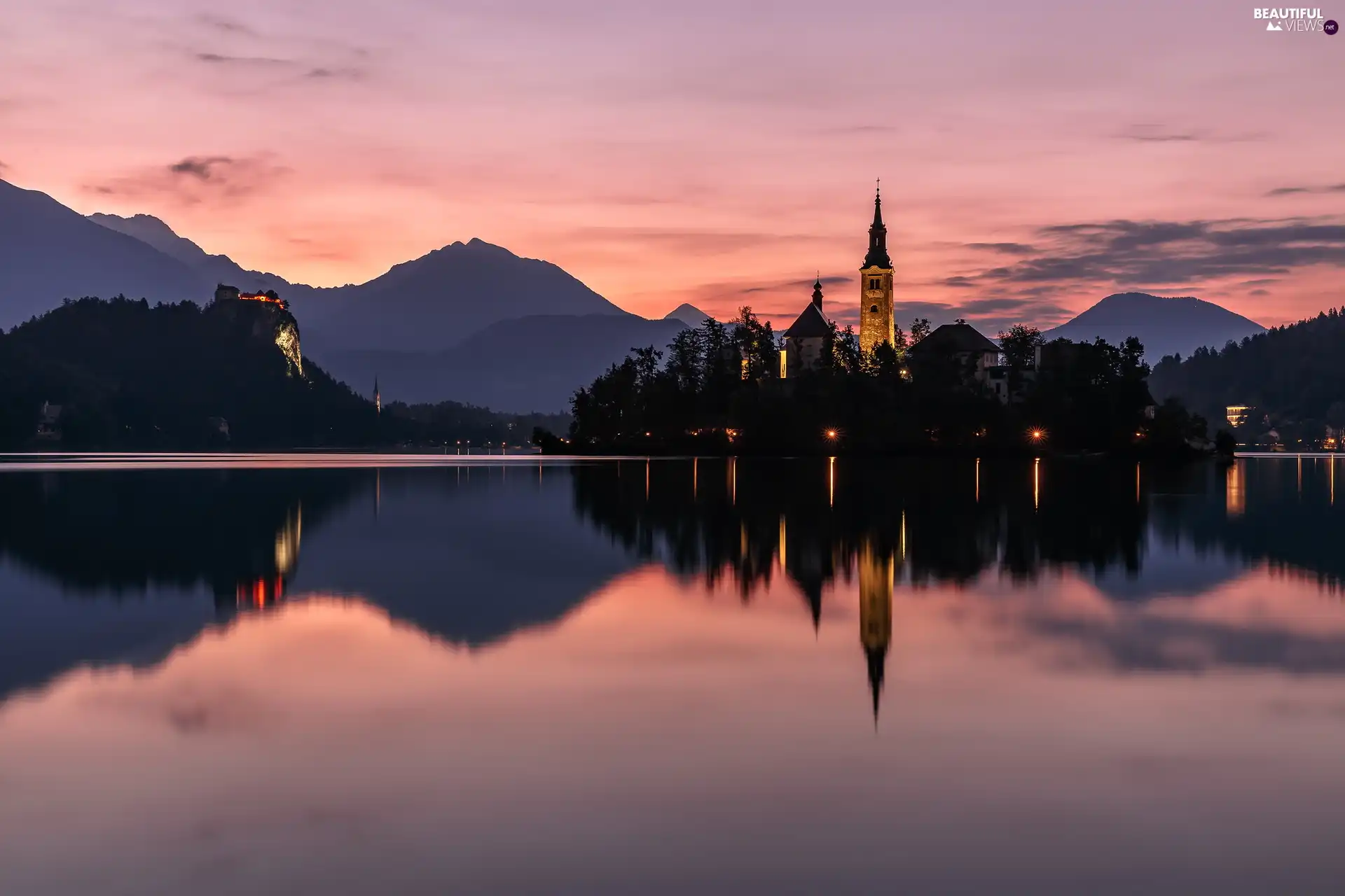 Church of the Annunciation of the Virgin Mary, Lake Bled, reflection, Blejski Otok Island, Slovenia, Julian Alps Mountains, Sunrise