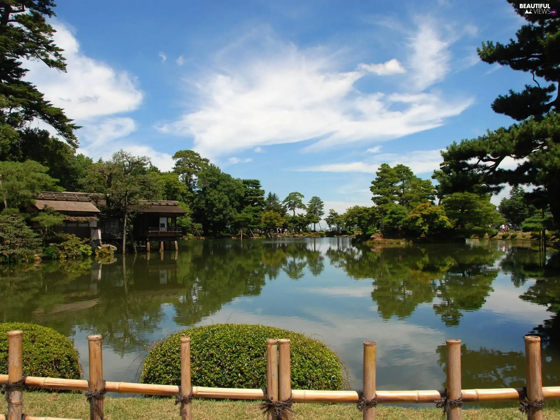 Houses, an, lake, water, viewes, fence, wood, trees