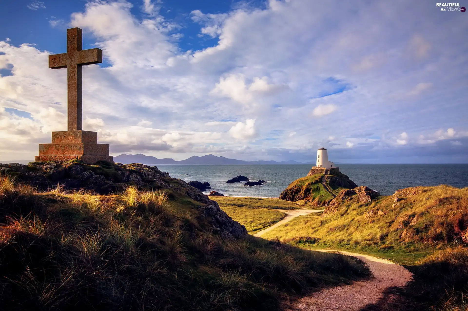 sea, Cross, Llanddwyn Anglesey, wales, Island, Lighthouses