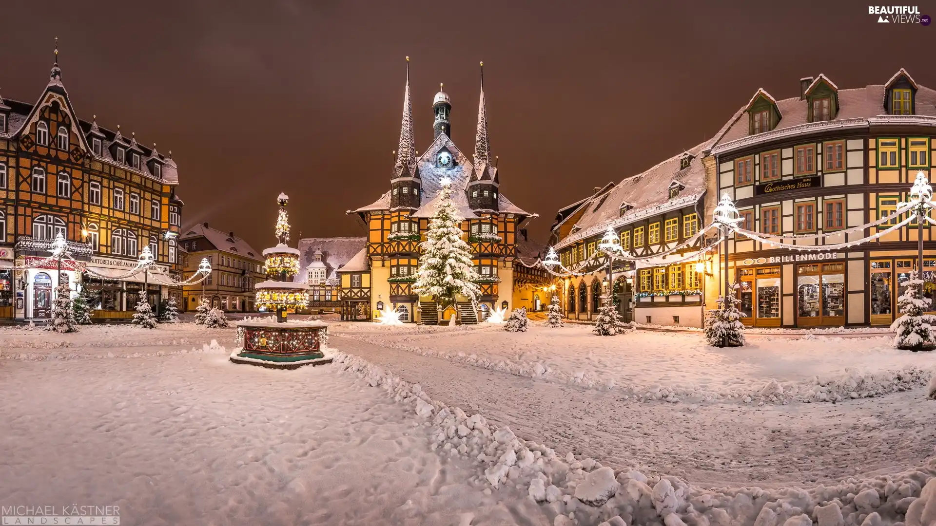 Floodlit, winter, town hall, market, Night, Germany, Saxony-Anhalt, christmas tree, Christmas, Wernigerode, Houses