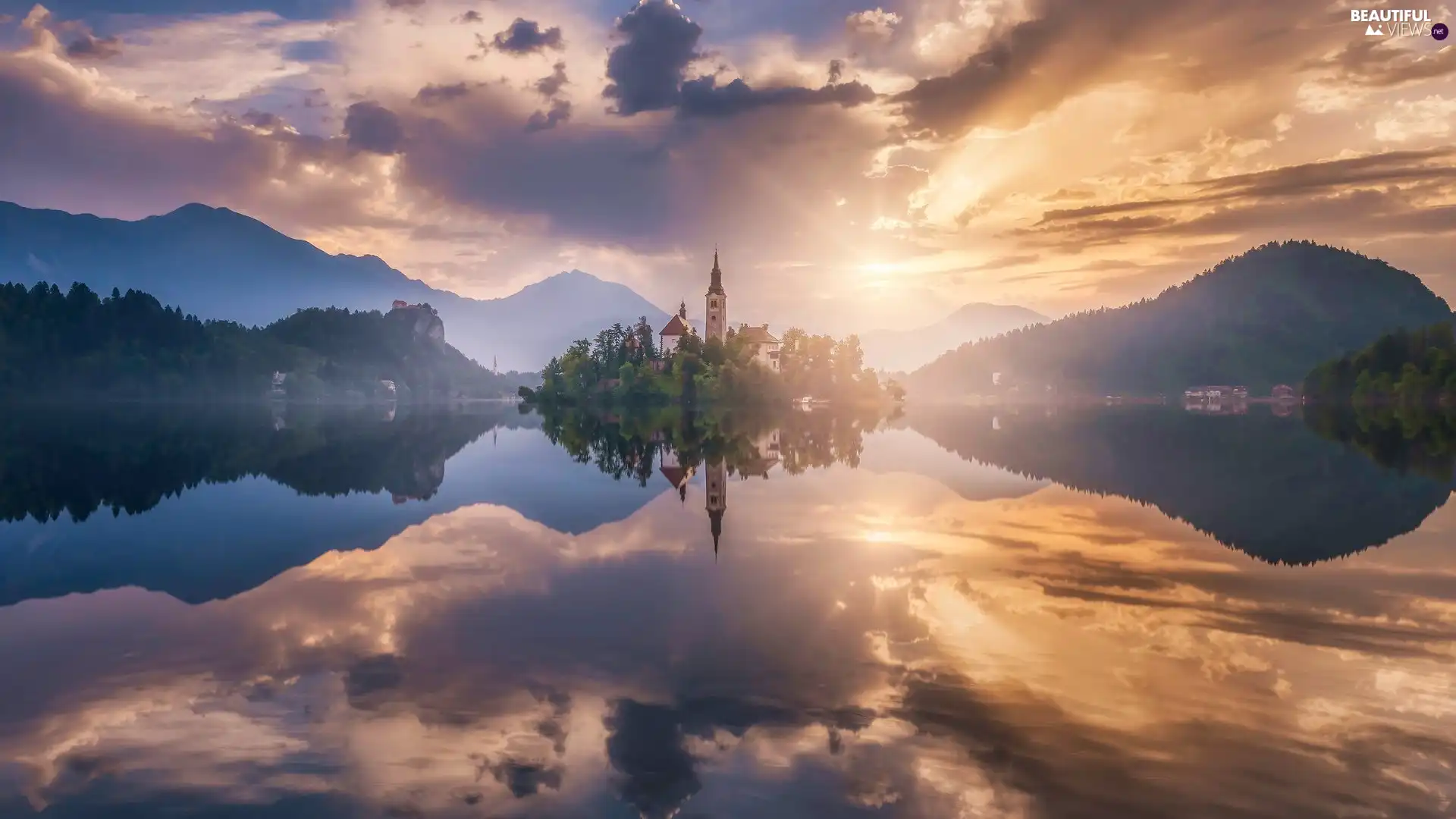 Blejski Otok Island, Church of the Annunciation of the Virgin Mary, reflection, Julian Alps Mountains, clouds, Lake Bled, Slovenia, Sunrise