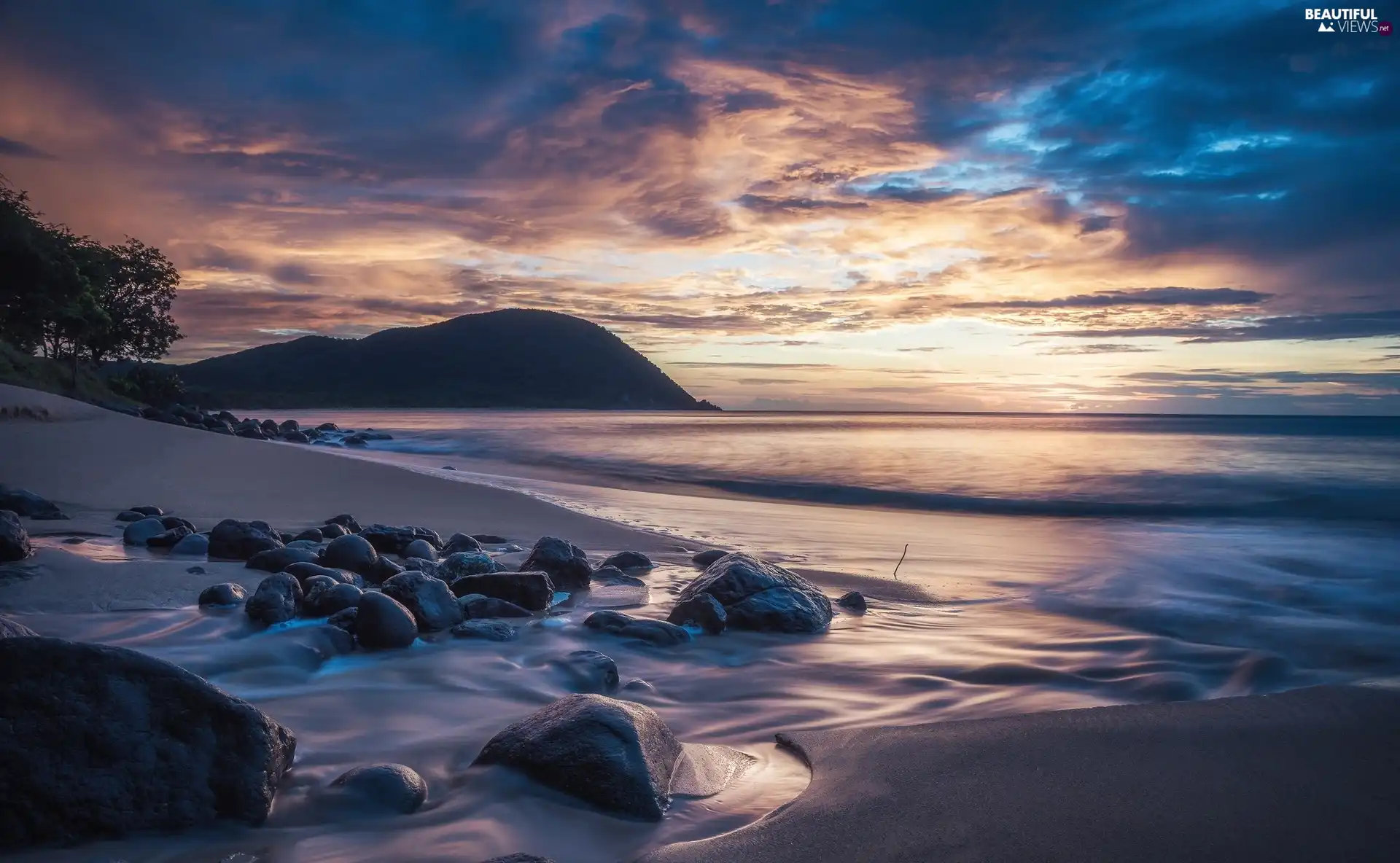 sea, De Grande Anse Beach, The Hills, Stones, viewes, Guadeloupe, Central America, trees