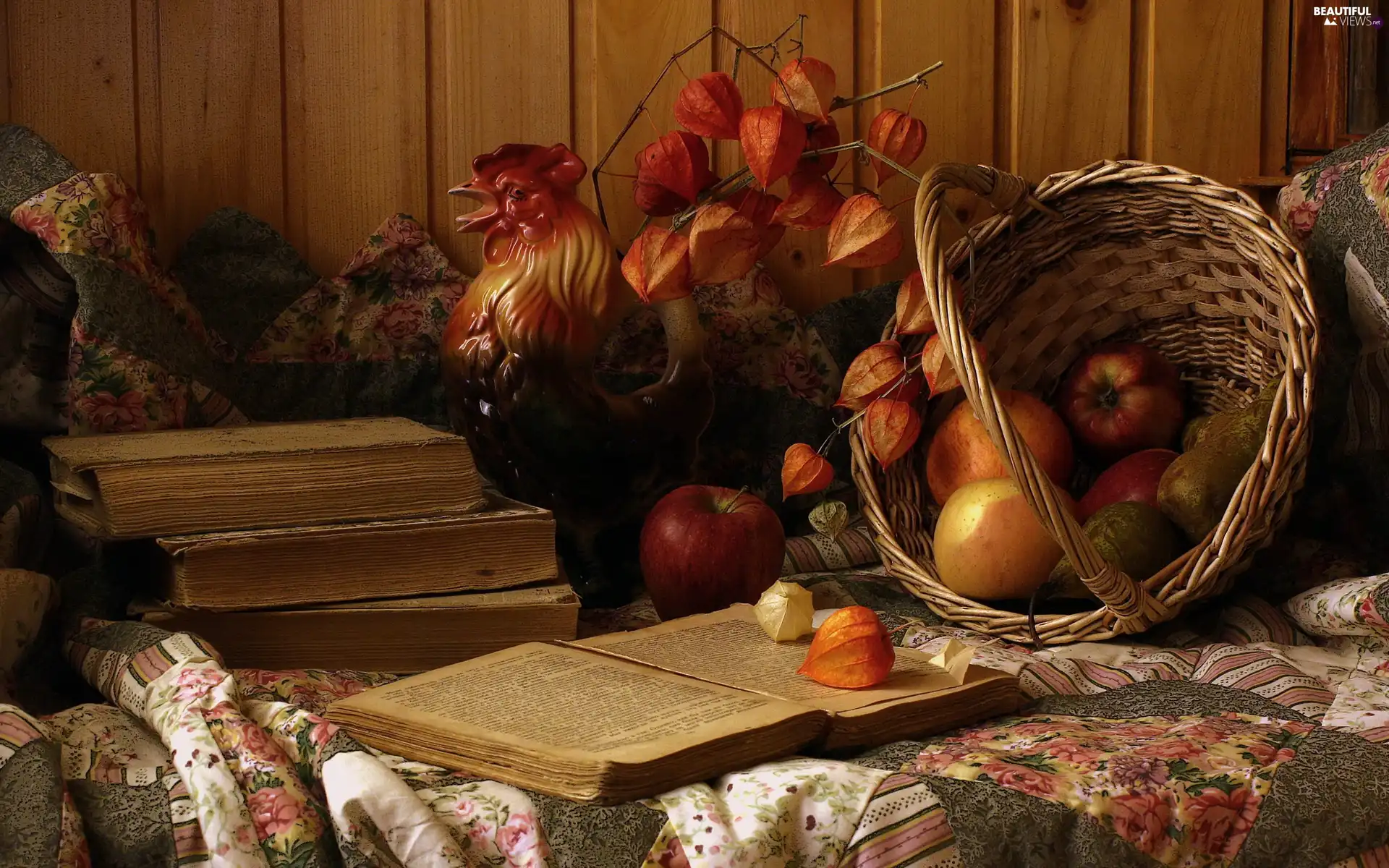apples, autumn, basket, driers, truck concrete mixer, composition