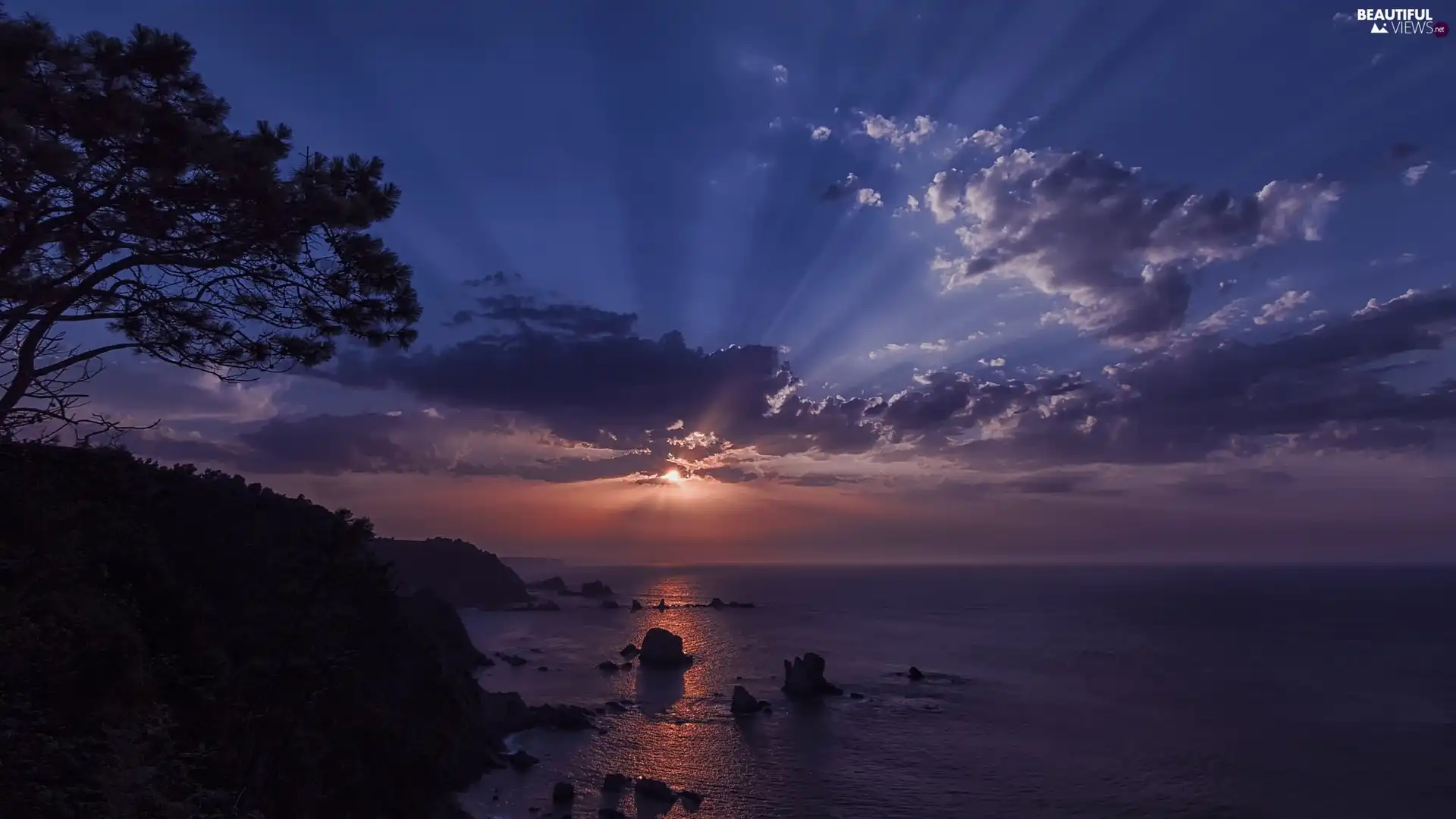 Playa del Silencio Beach, Coast, trees, sea, Great Sunsets, Asturias, Spain, clouds