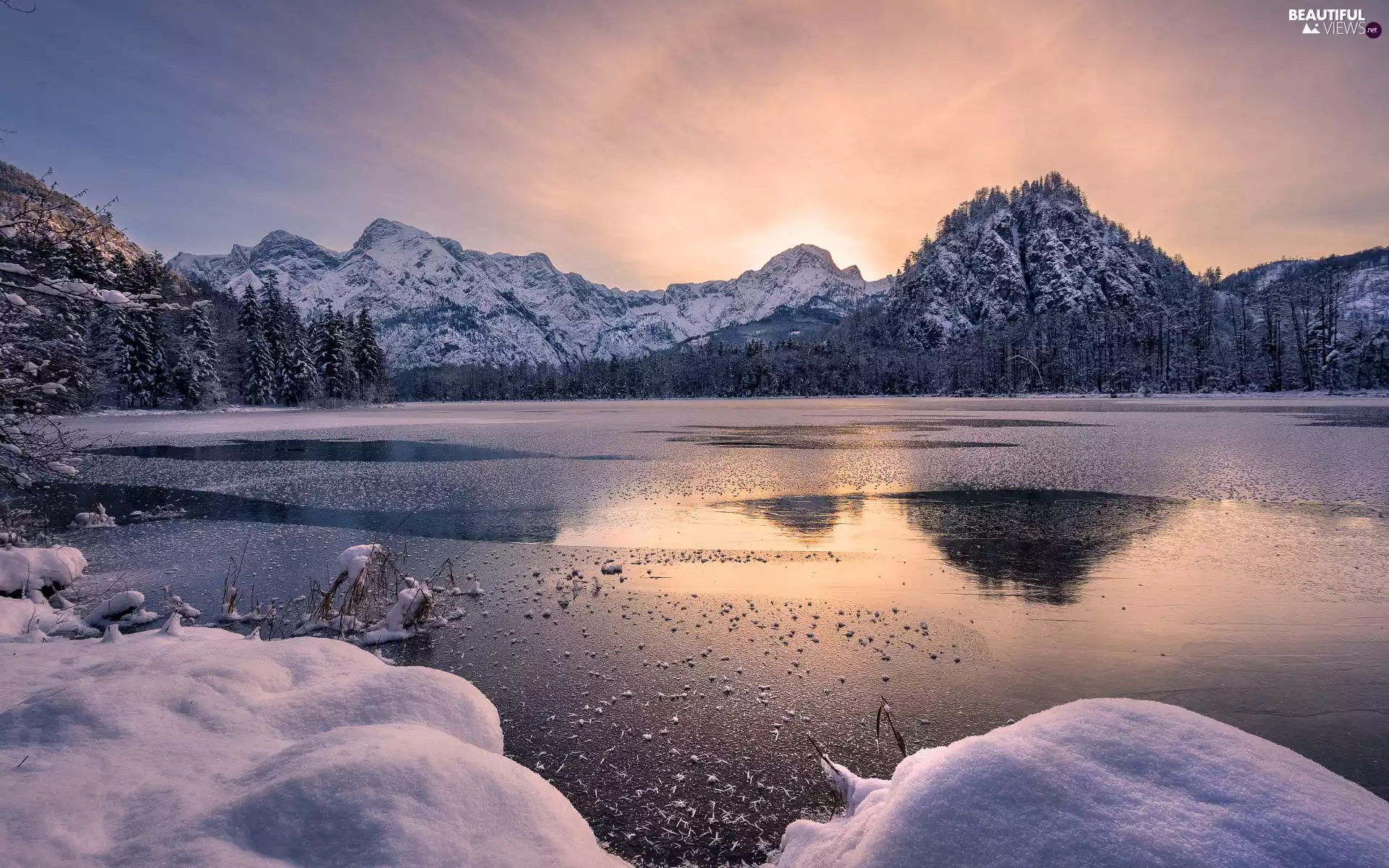 trees, Almsee Lake, Sunrise, Mountains, winter, viewes, Austria