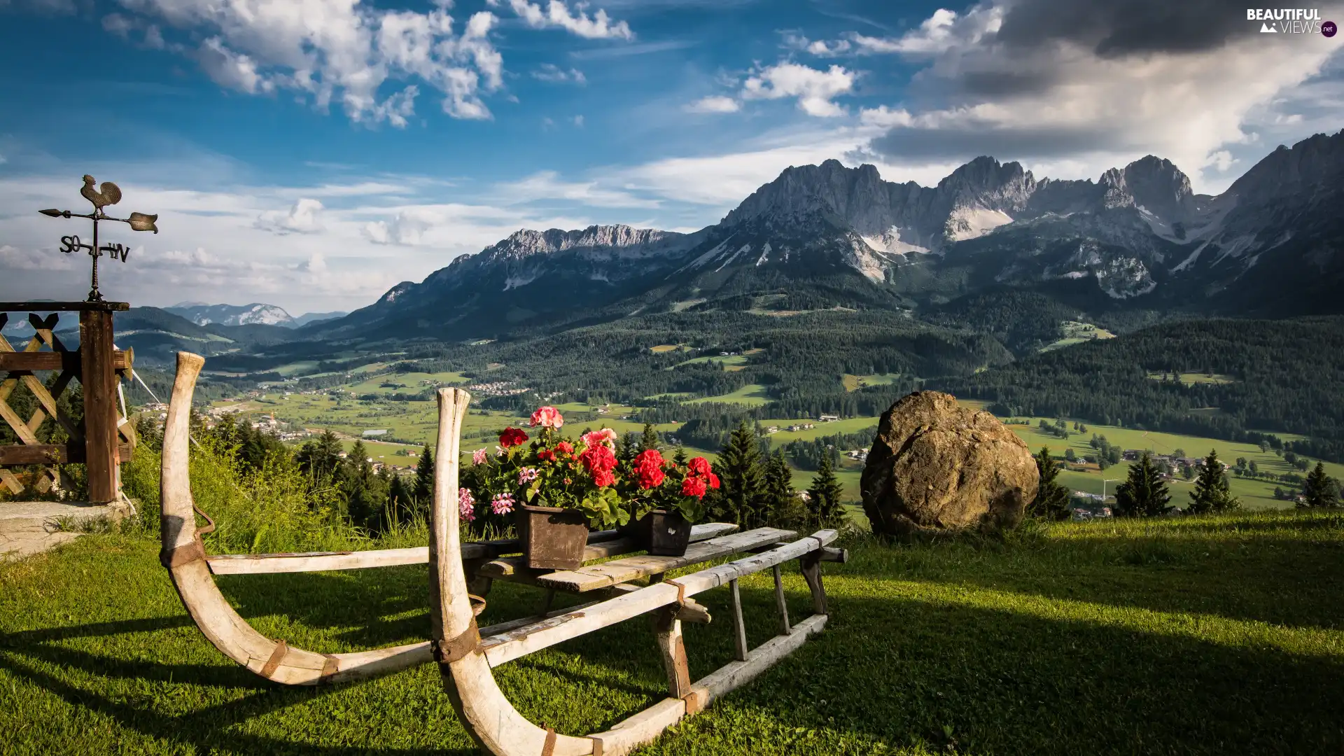 Mountains, geraniums, Tirol, Austria, Alps, sledge