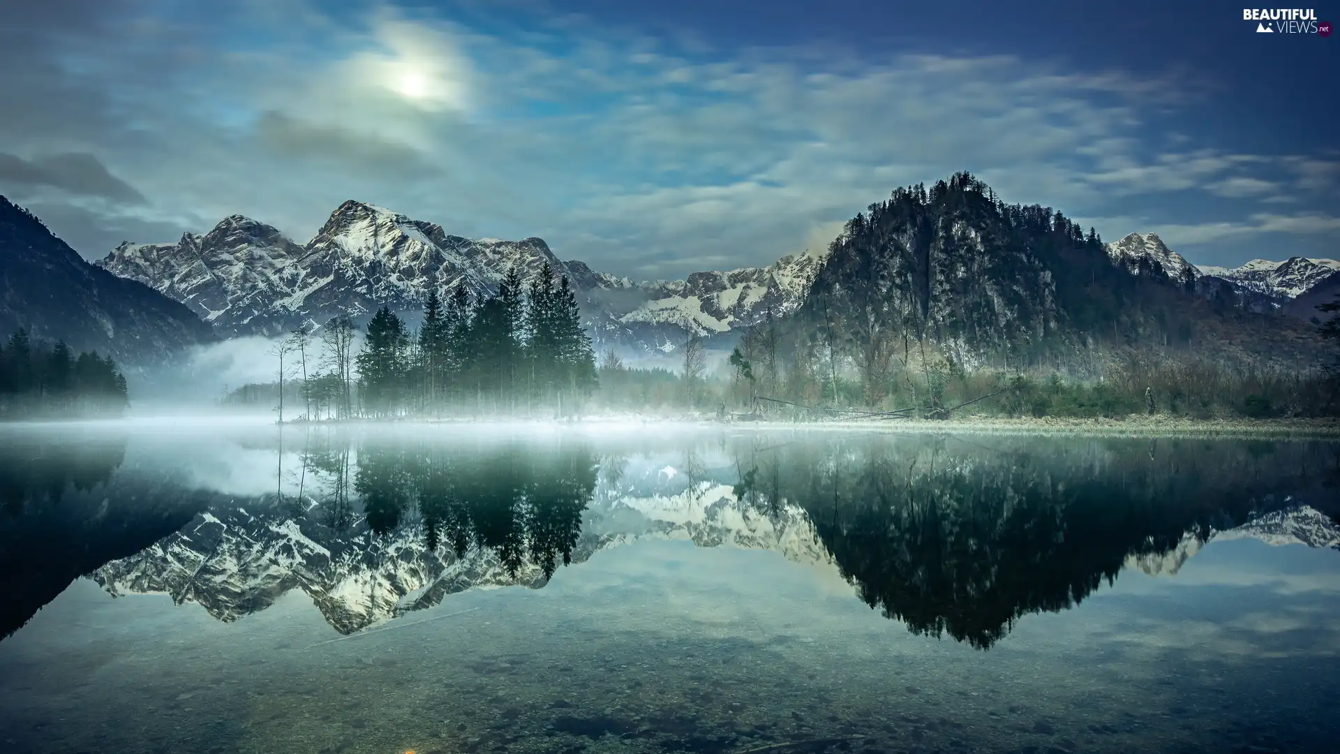 Mountains, Sunrise, Alps, Almtal Valley, Fog, Austria, trees, viewes, Almsee Lake