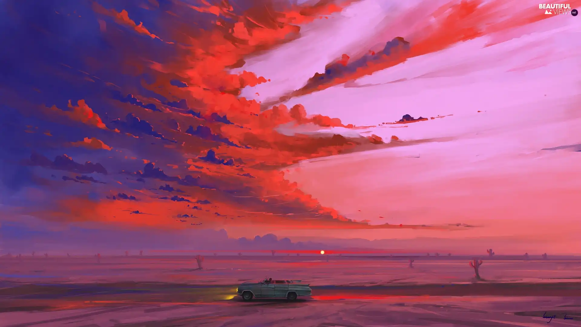 Desert, Automobile, clouds, Sunrise, graphics