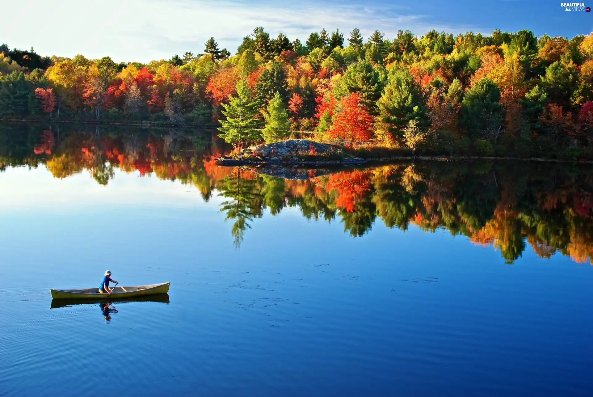 Boat, forest, autumn, lake