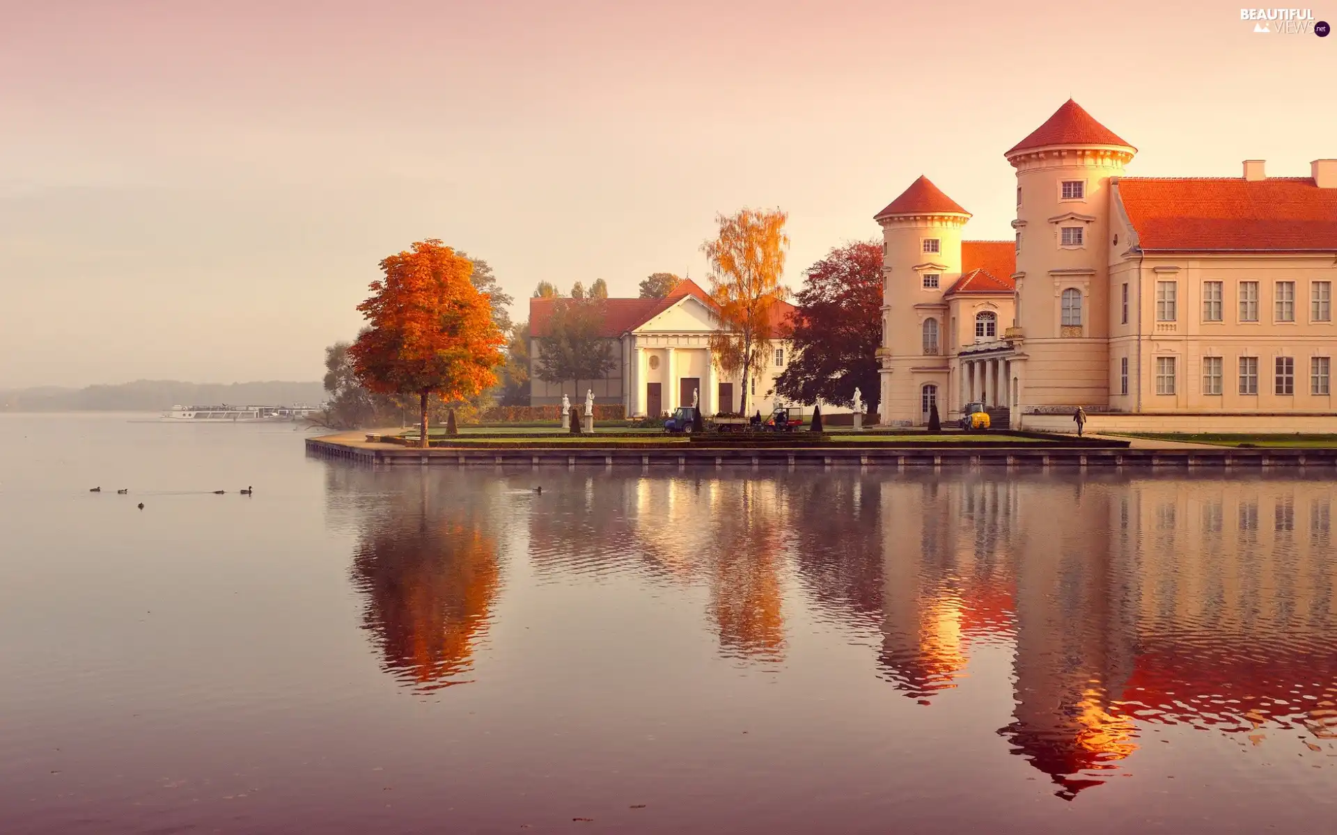 autumn, Germany, structures, ducks, River