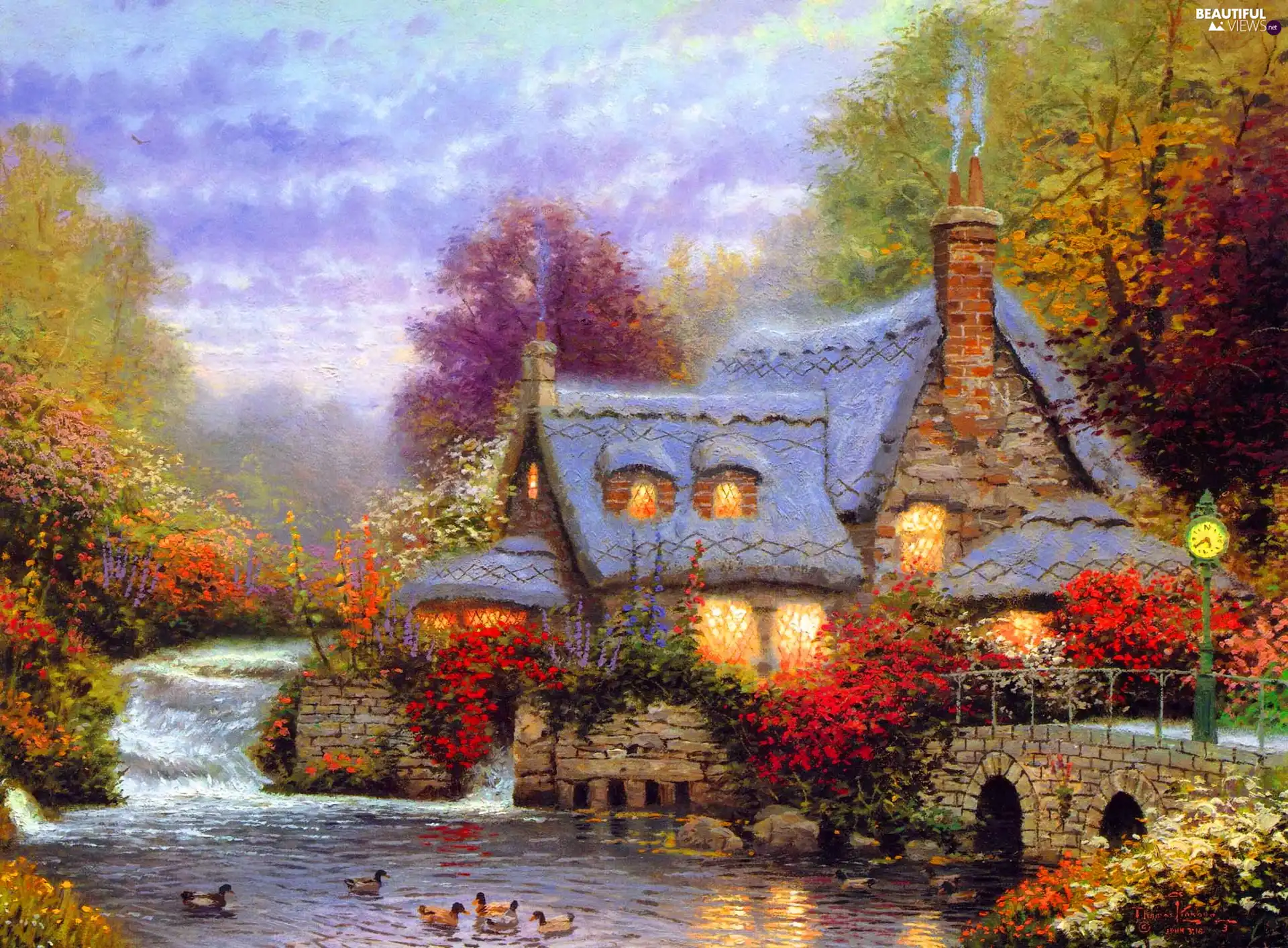 autumn, Thomas Kinkade, River, bridge, house
