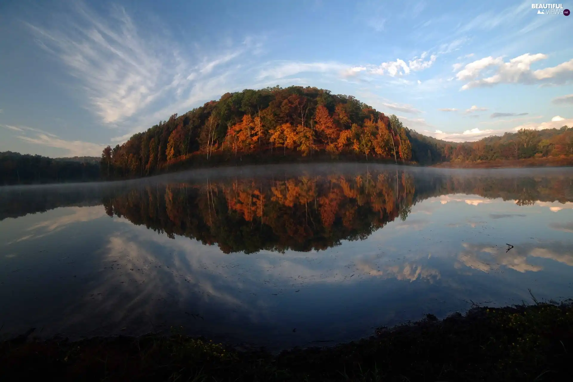 lake, Sky, autumn, forest