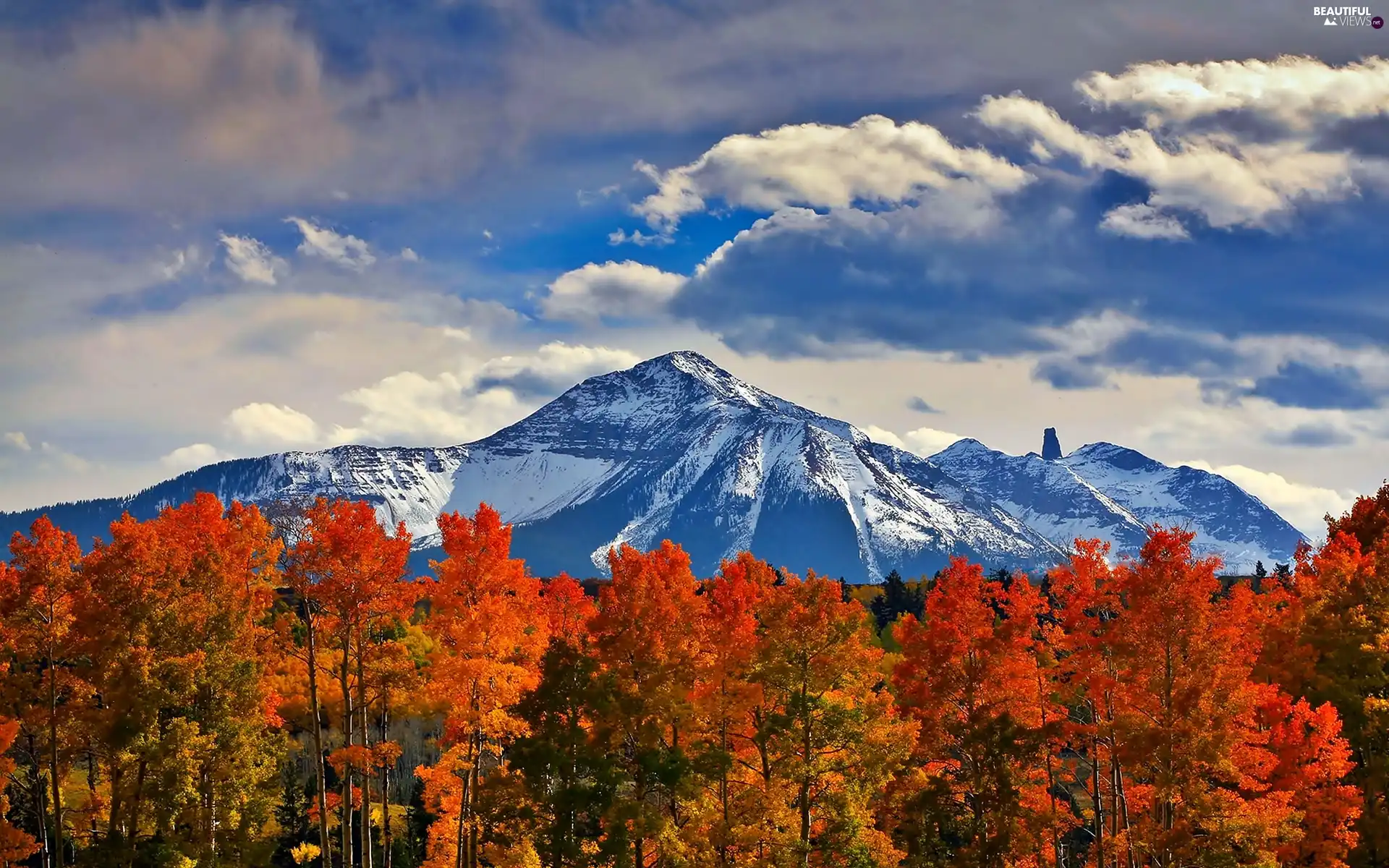 Mountains, clouds, autumn, forest