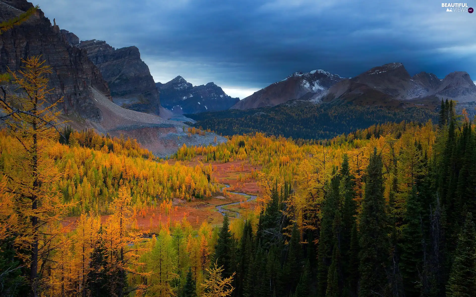 Mountains, River, autumn, woods