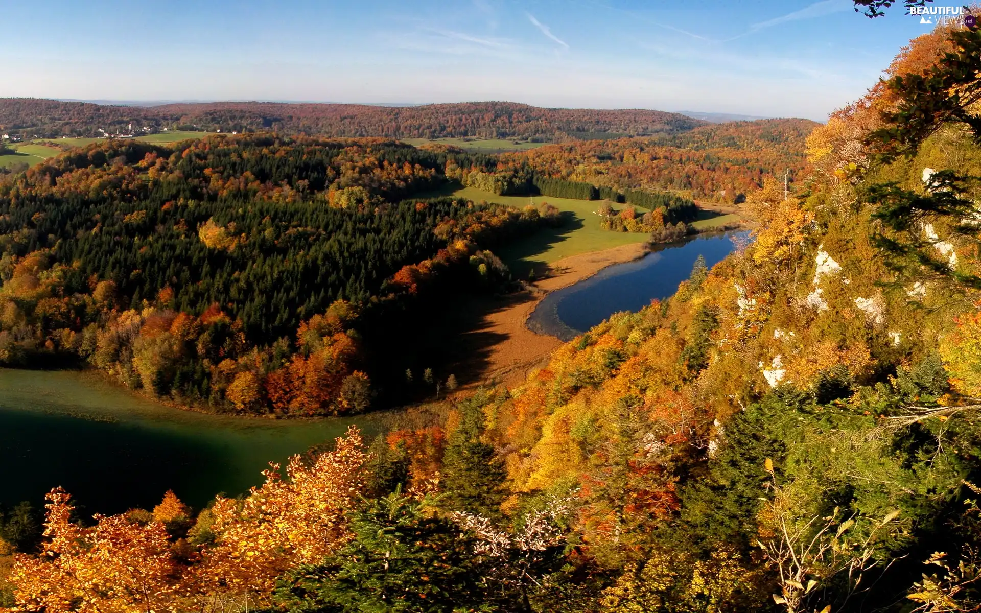 Mountains, River, autumn, woods