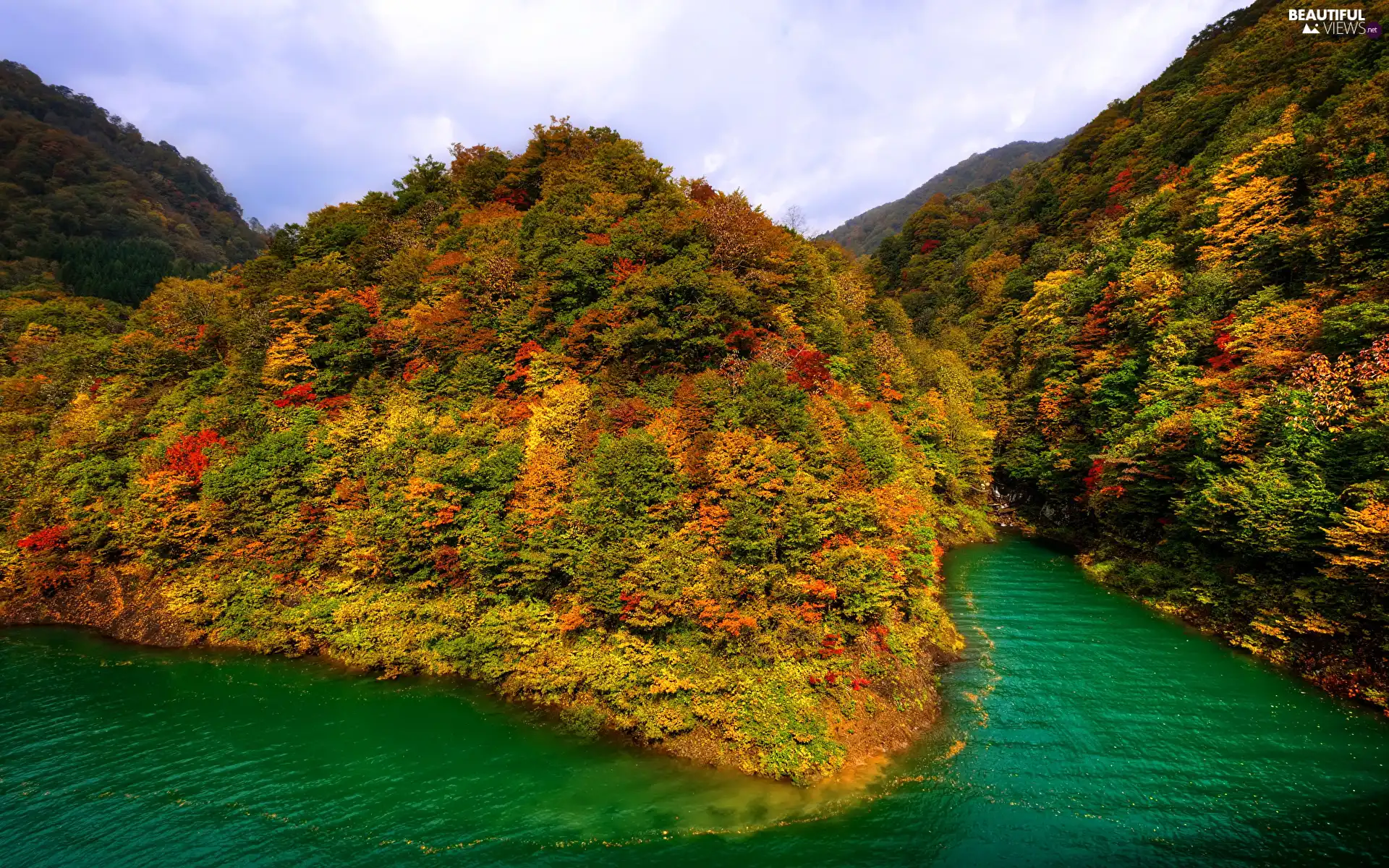 Mountains, woods, River, autumn