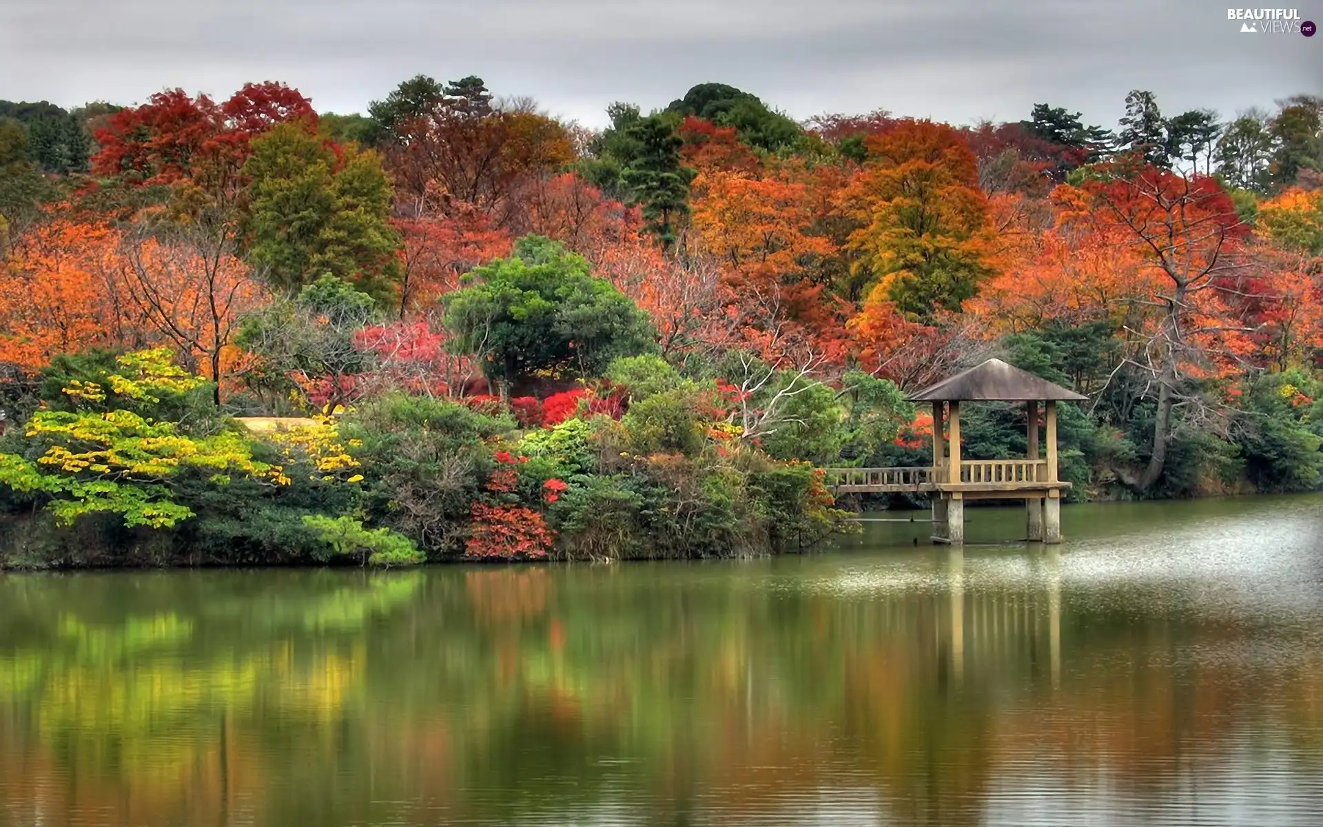 autumn, Platform, trees, viewes, lake