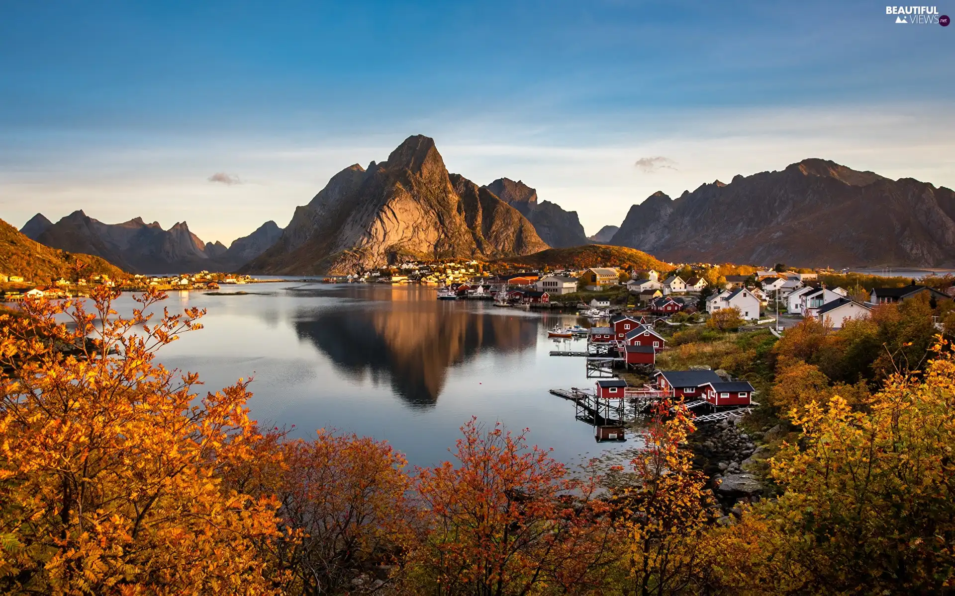 sea, Mountains, Reine, Houses, village, Lofoten, Norway, autumn