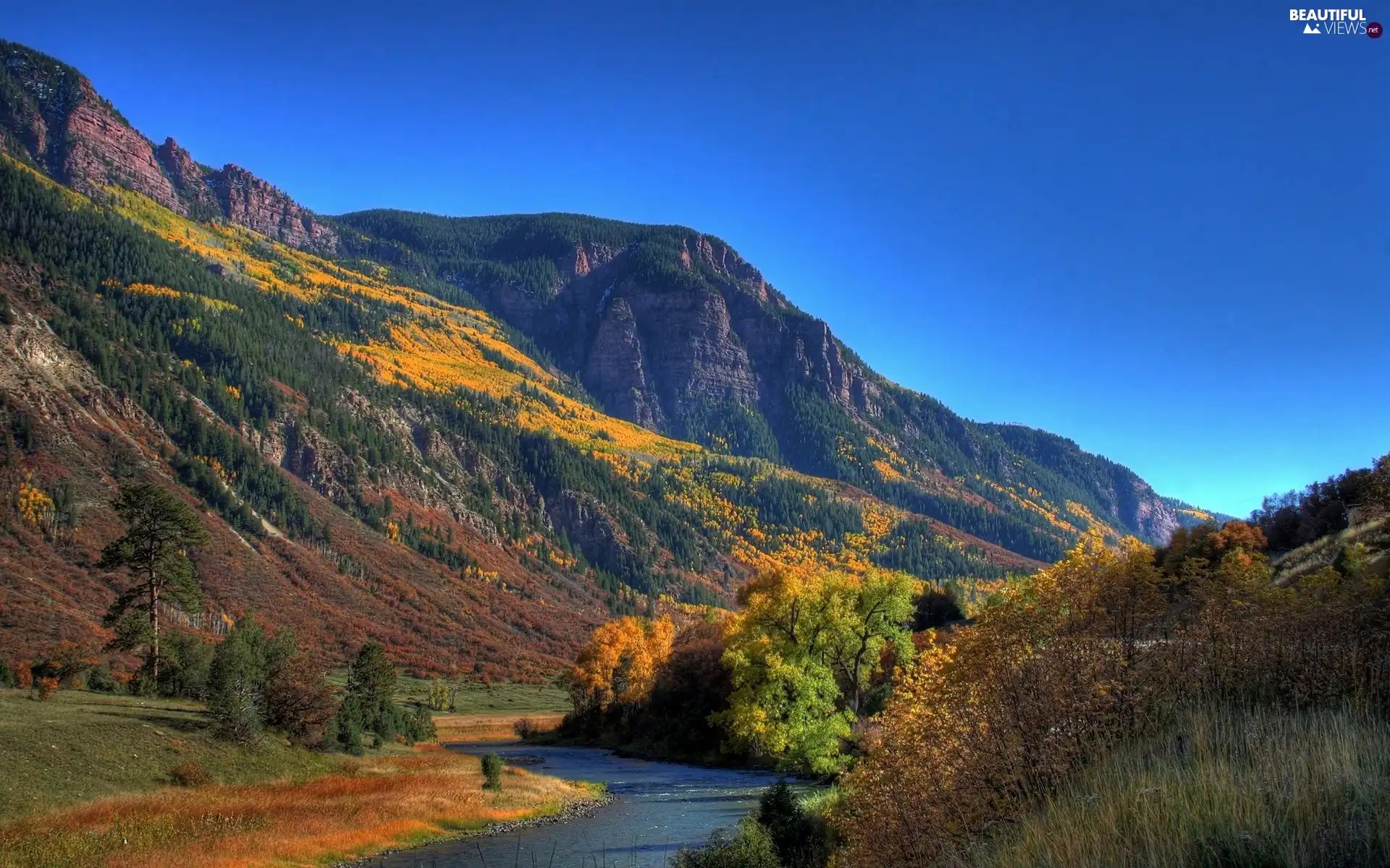 autumn, Mountains, River
