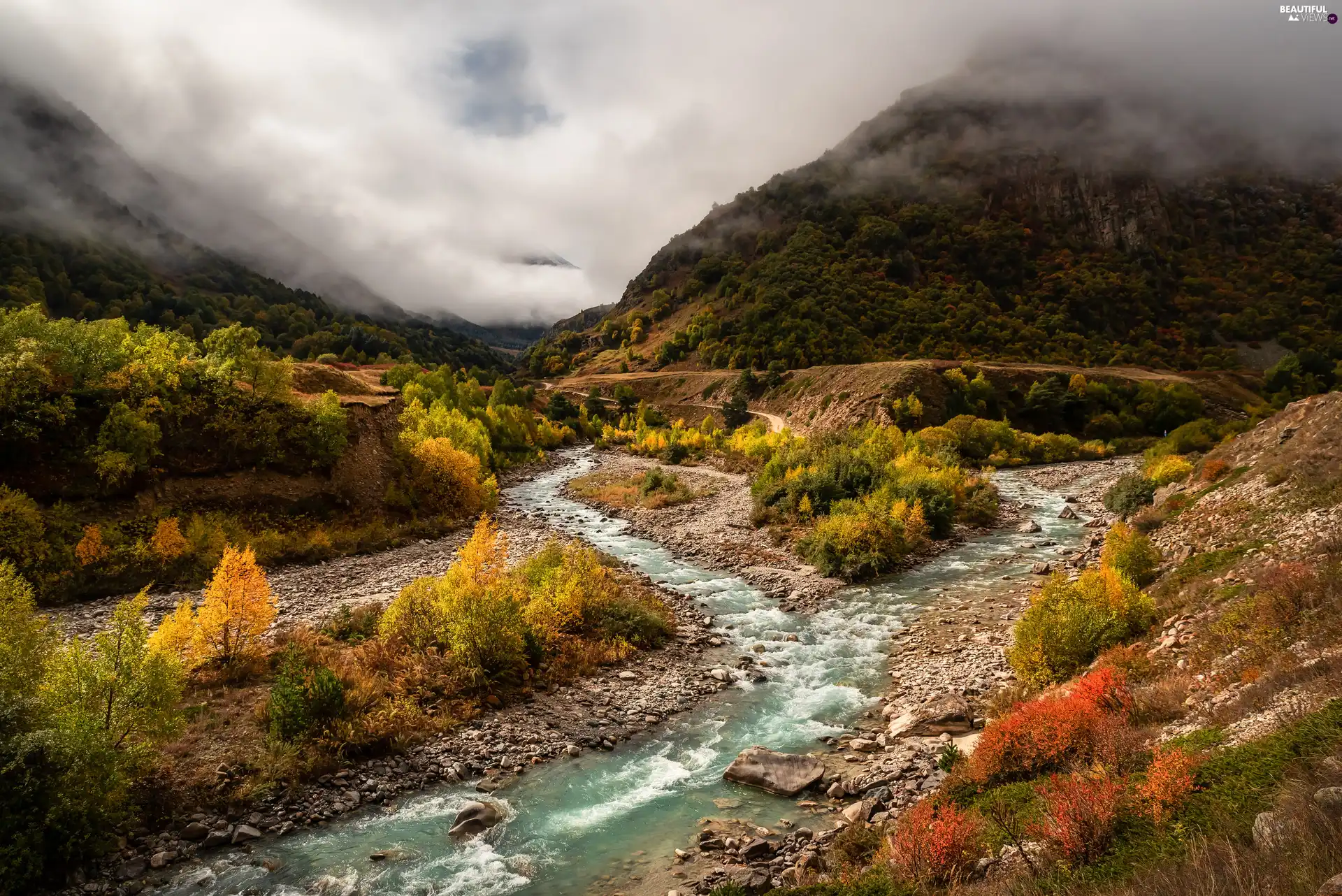 Fog, autumn, River, Mountains, stream