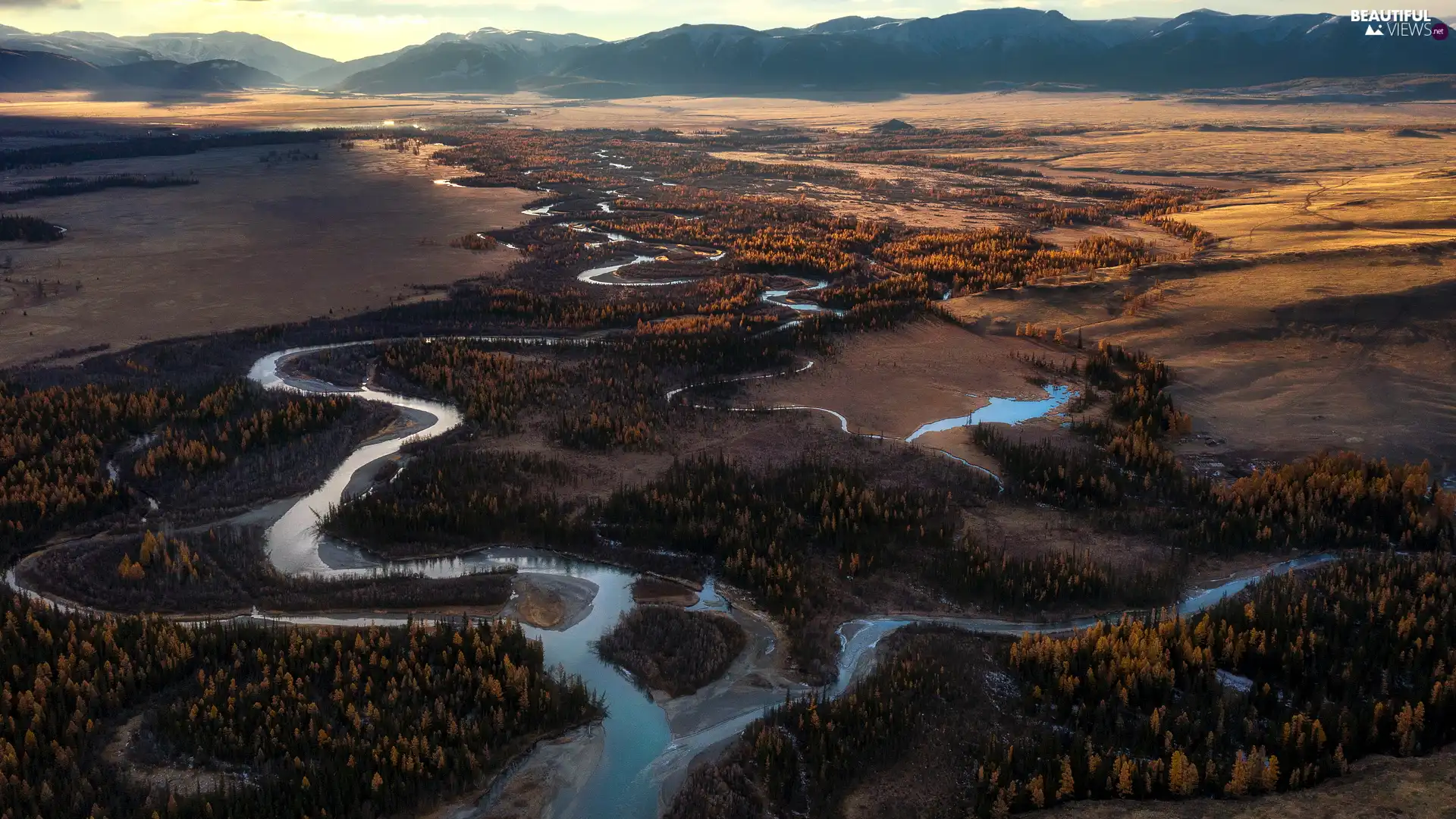 trees, Mountains, River, autumn, viewes, steppe